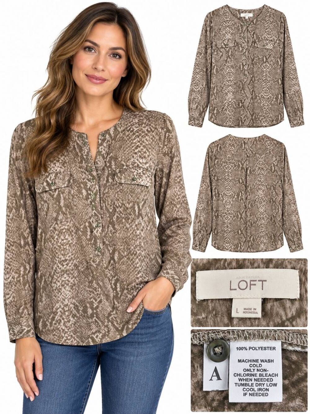 LOFT L Snake Print Blouse Brown Long Sleeve Button Front
